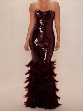 NWTS Fashion Nova In The Moment Feathered Sequin Gown - Burgundy Size XS